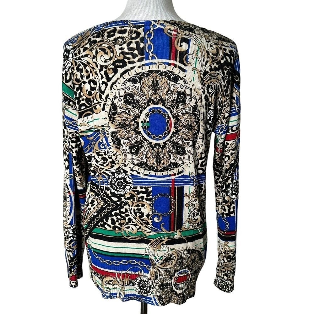 Baroque Medallion Scarf Print Long Sleeve Tunic Blouse Leopard Knit M Blue Multi - Picture 2 of 13